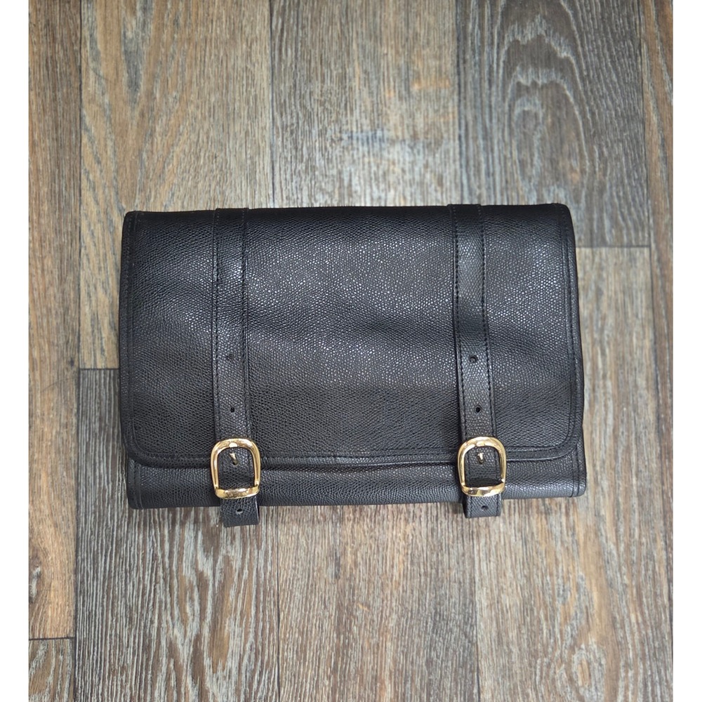 Tanner Italy Black Pebbled Leather Tri-Fold Hanging Toiletry Bag Check